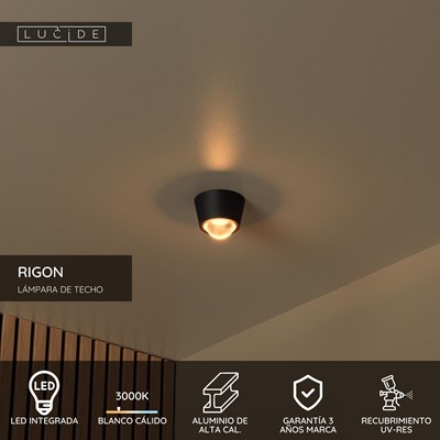 Lucide RIGON - Lámpara de techo - Ø 9 cm - LED - 1x6W 3000K - Negro